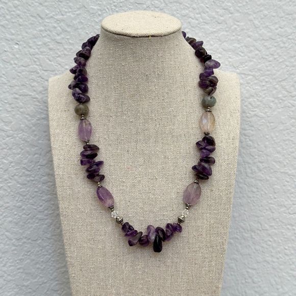 Amethyst Labradorite Beaded Sterling Silver Necklace 19" Toggle Clasp Purple VTG - Picture 6 of 16